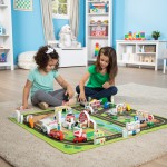 Covor mare Oras de joaca copii cu 49 de piese masinute si cladiri din lemn  Covoras Jumbo Deluxe Roadway Activity Rug Melissa si Doug